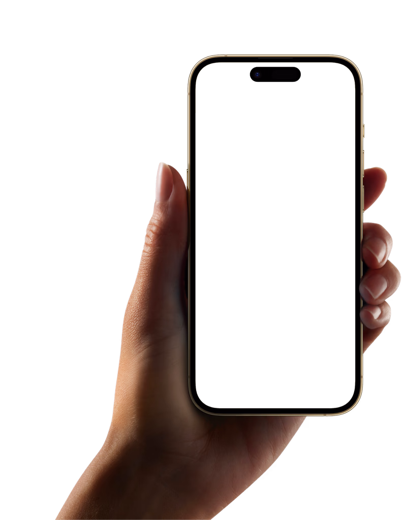 A hand holding a smartphone with a blank screen, set against a simple background.
